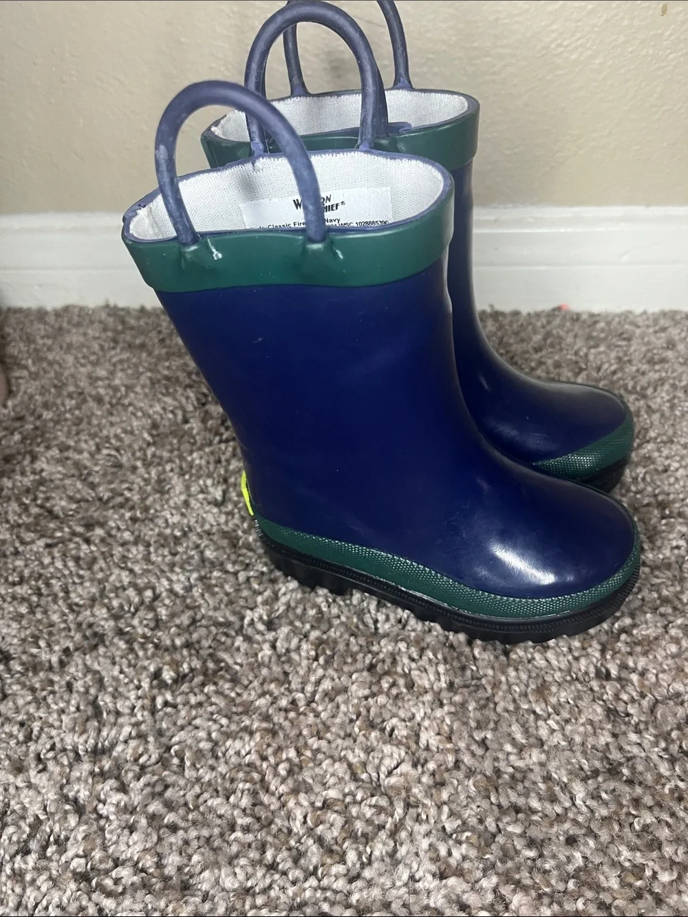 Western Chief Navy and Green Toddler Rain Boots with Pull Handles